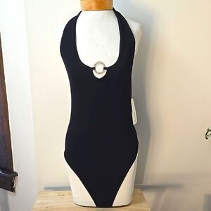 NWT Eyecandy Black Halter Bodysuit with Silver Ring Detail